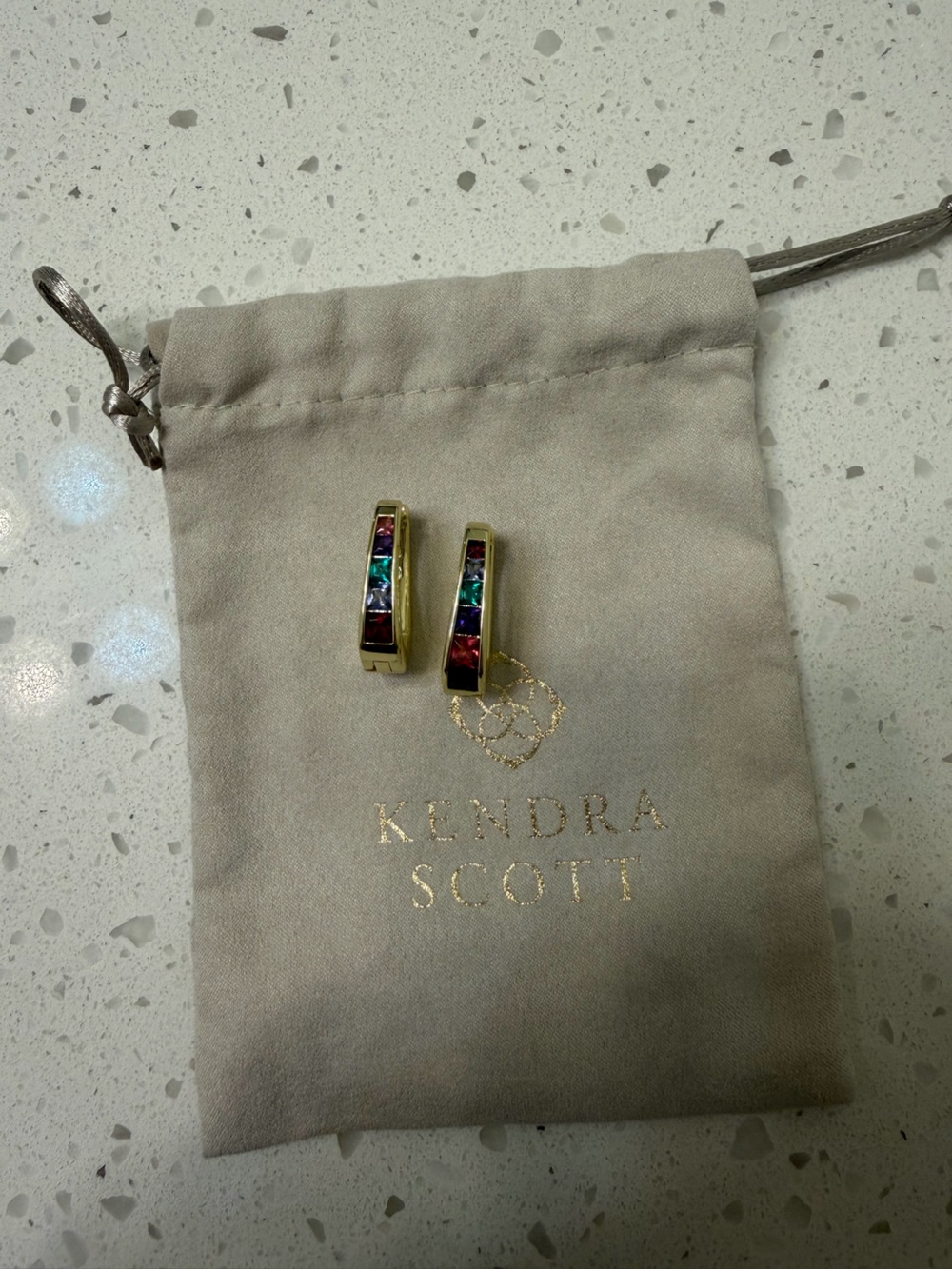 Kendra Scott Gold Huggie Earrings with Red, Purple, Blue and Green Stones